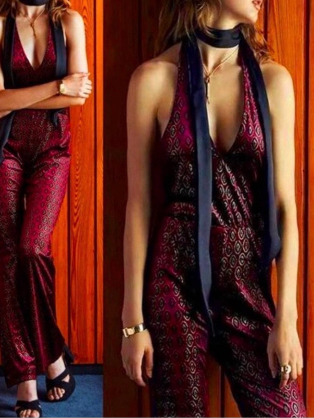 Motel Rocks Burgundy & Black Patterned Halter Jumpsuit